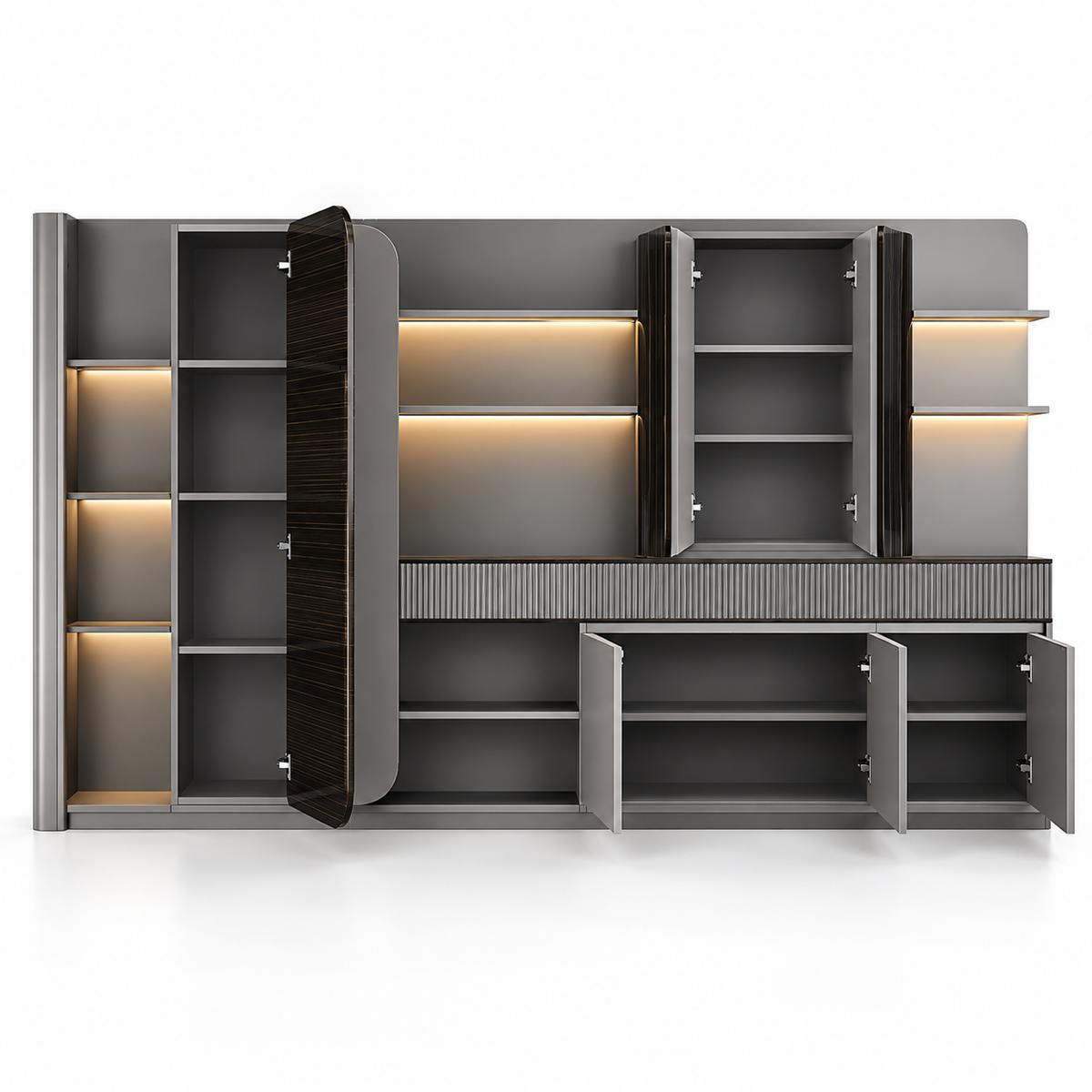 Modern Full Height Display & Storage Cabinet with Open Shelves, Closed Compartments and Integrated Lighting for Office & Home