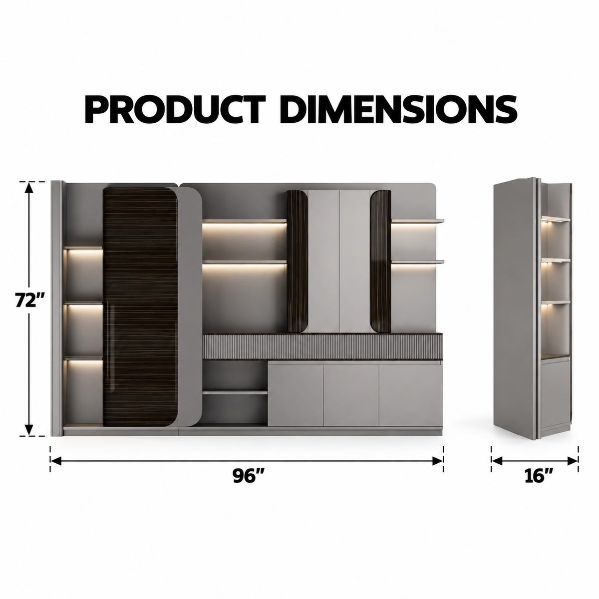 Modern Full Height Display & Storage Cabinet with Open Shelves, Closed Compartments and Integrated Lighting for Office & Home