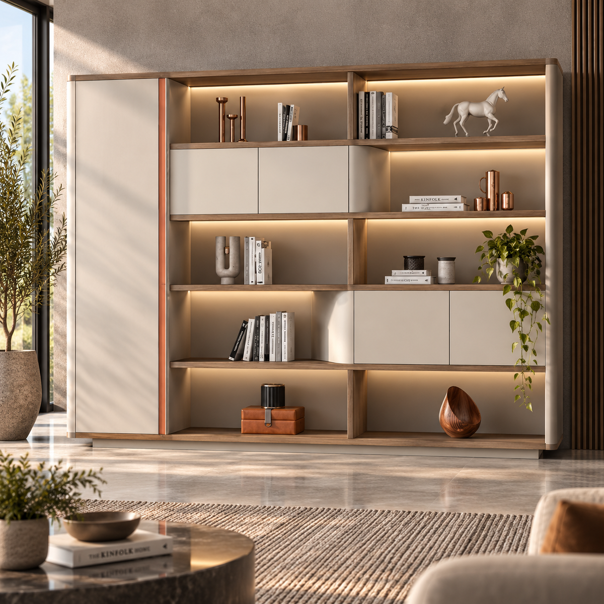 Modern Office Back Storage Unit with Open Display Shelves, Curved Cabinet, Tall Side Storage and LED Lighting for Director Cabins