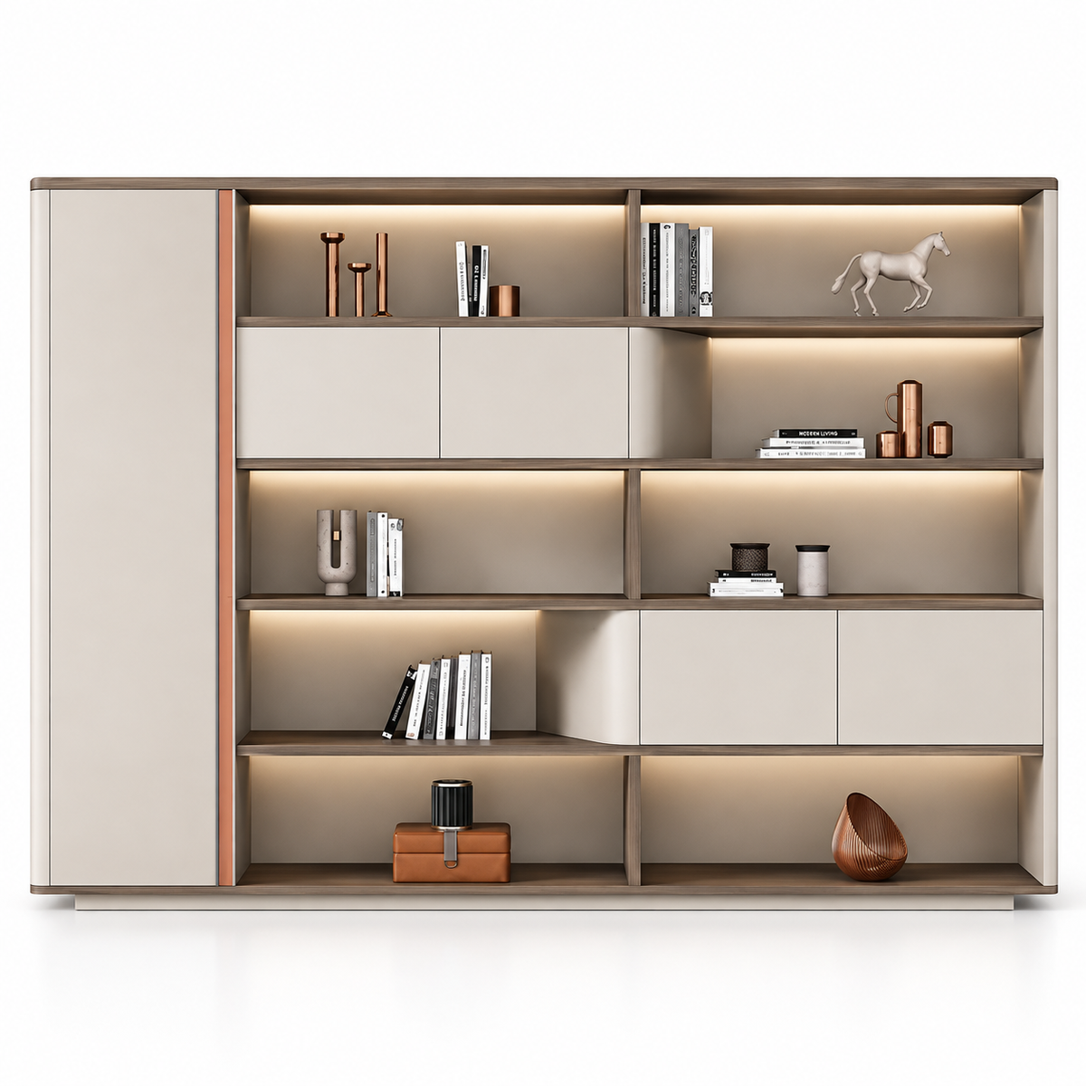 Modern Office Back Storage Unit with Open Display Shelves, Curved Cabinet, Tall Side Storage and LED Lighting for Director Cabins