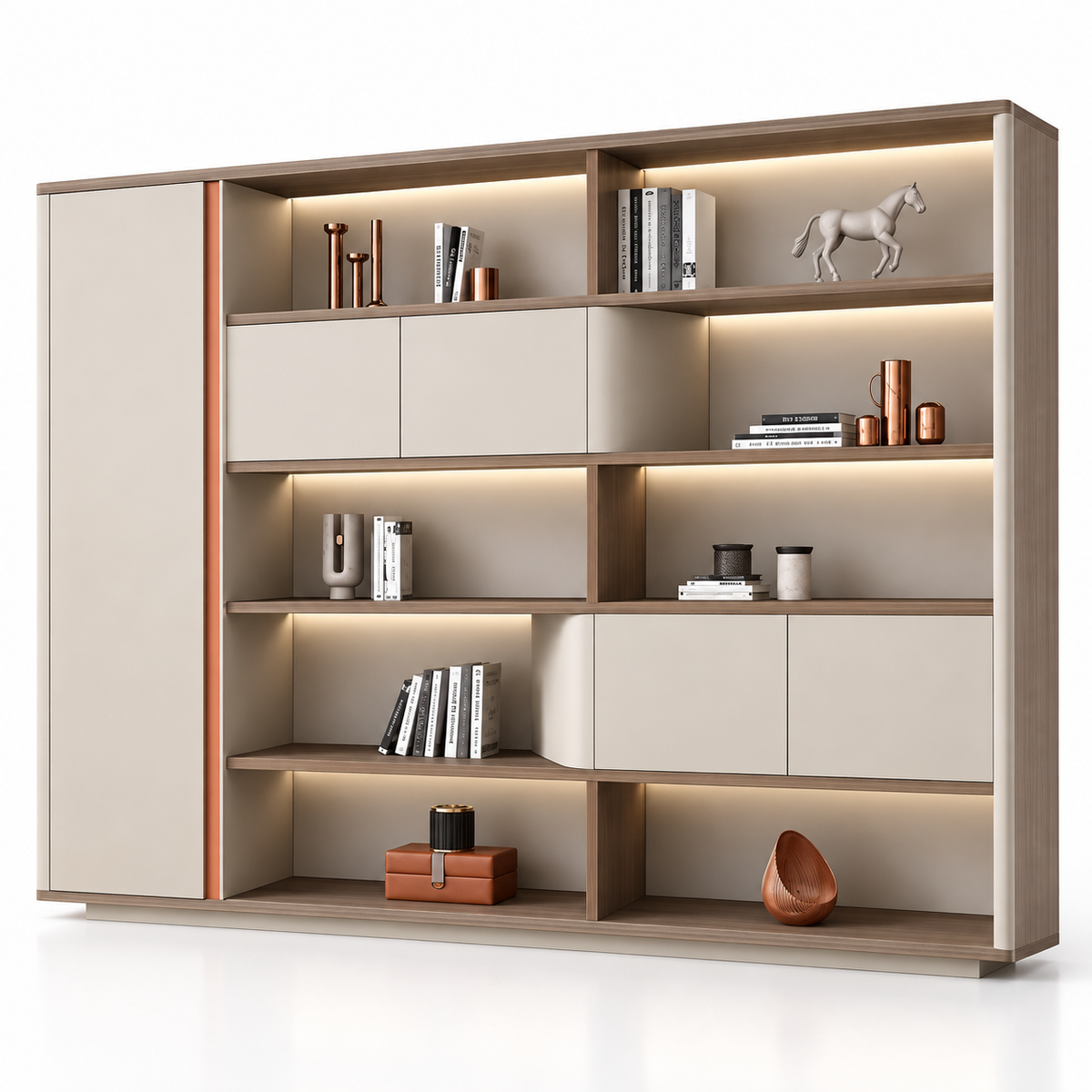 Modern Office Back Storage Unit with Open Display Shelves, Curved Cabinet, Tall Side Storage and LED Lighting for Director Cabins