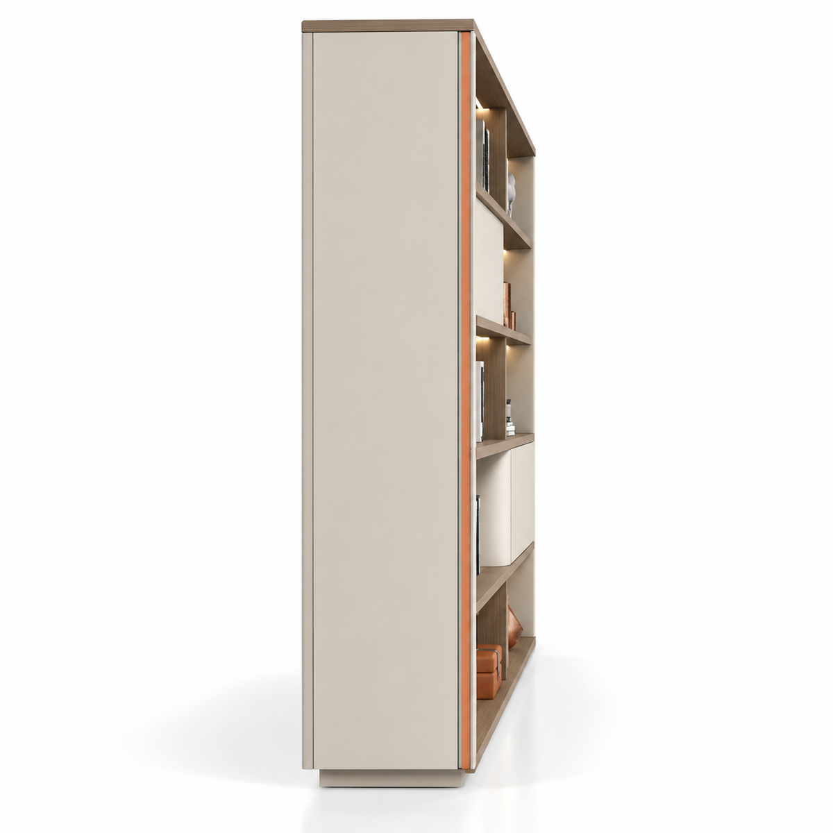 Modern Office Back Storage Unit with Open Display Shelves, Curved Cabinet, Tall Side Storage and LED Lighting for Director Cabins