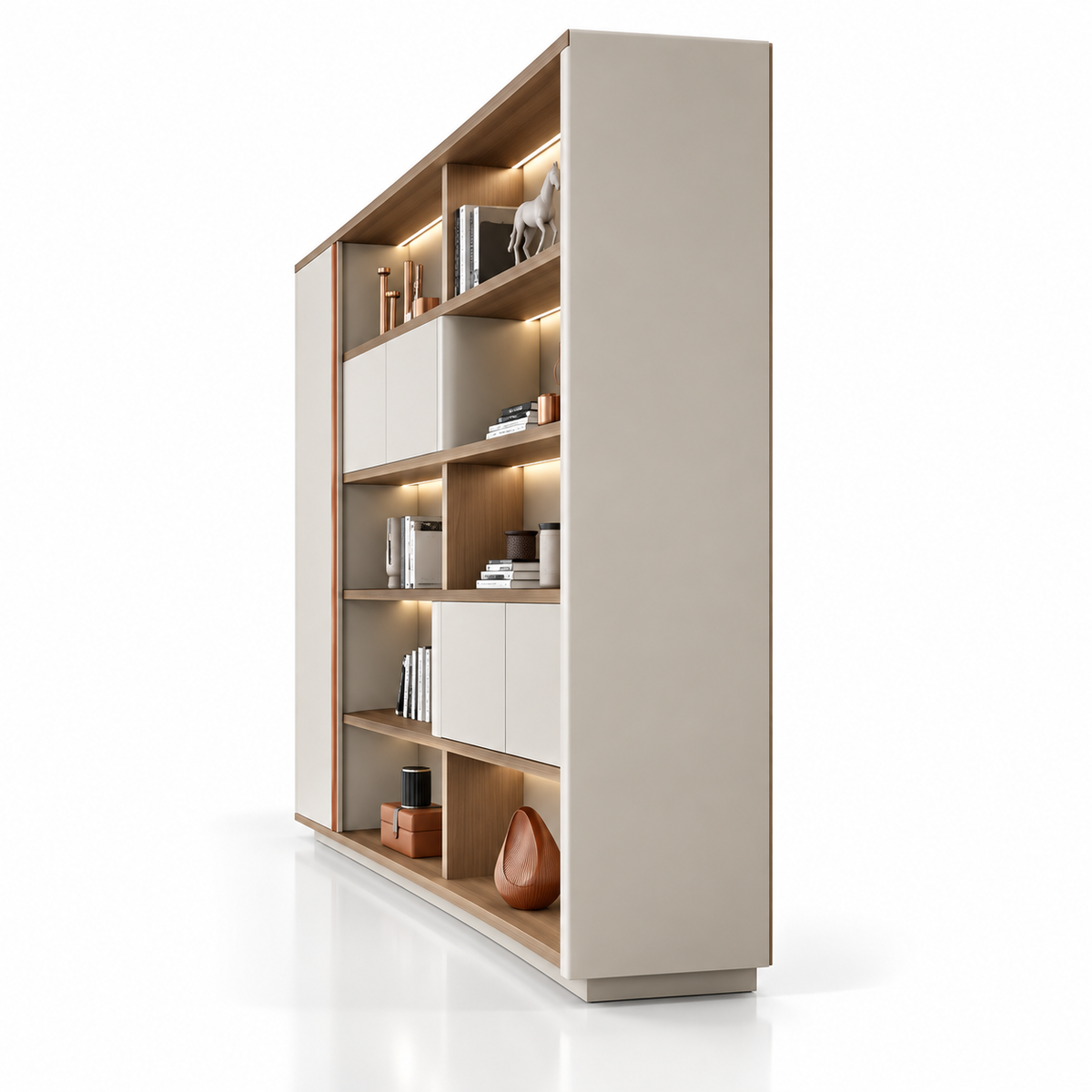 Modern Office Back Storage Unit with Open Display Shelves, Curved Cabinet, Tall Side Storage and LED Lighting for Director Cabins
