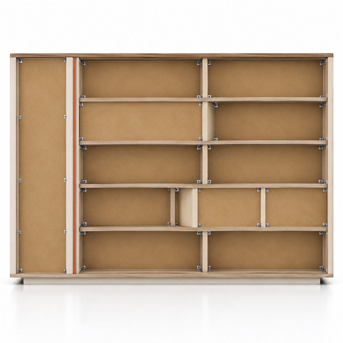 Modern Office Back Storage Unit with Open Display Shelves, Curved Cabinet, Tall Side Storage and LED Lighting for Director Cabins