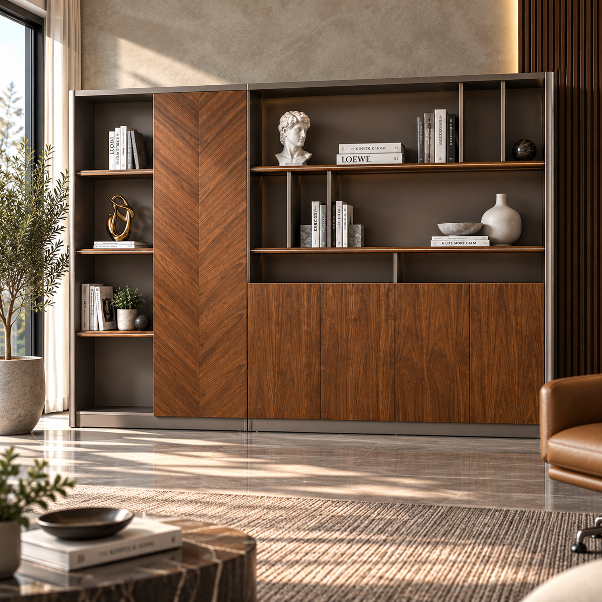 Modern Office Back Storage Unit with Chevron Accent Panel, Open Display Shelves and Closed Cabinets for Director Cabins