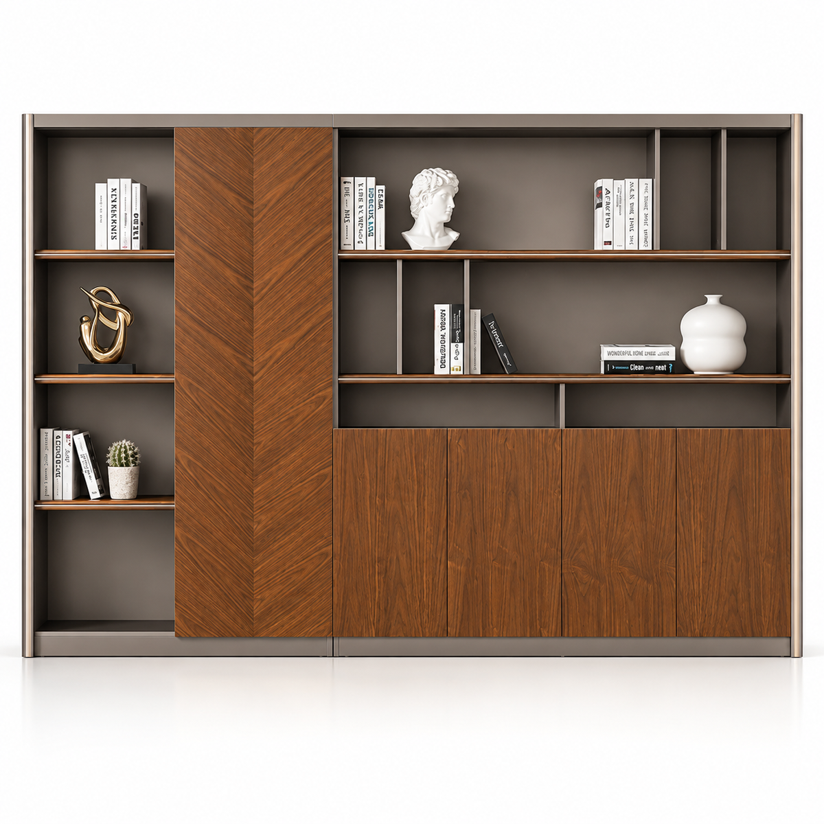 Modern Office Back Storage Unit with Chevron Accent Panel, Open Display Shelves and Closed Cabinets for Director Cabins