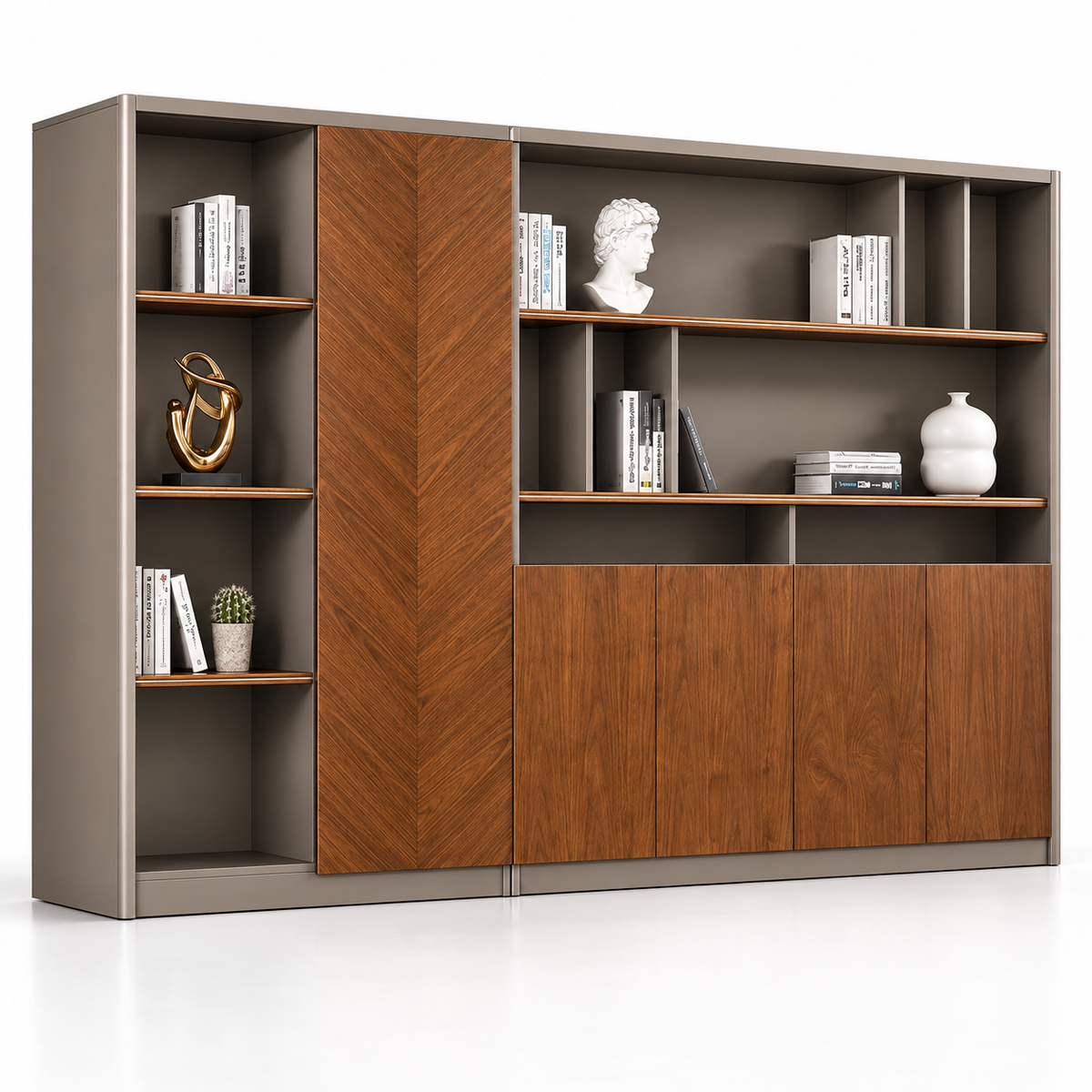 Modern Office Back Storage Unit with Chevron Accent Panel, Open Display Shelves and Closed Cabinets for Director Cabins