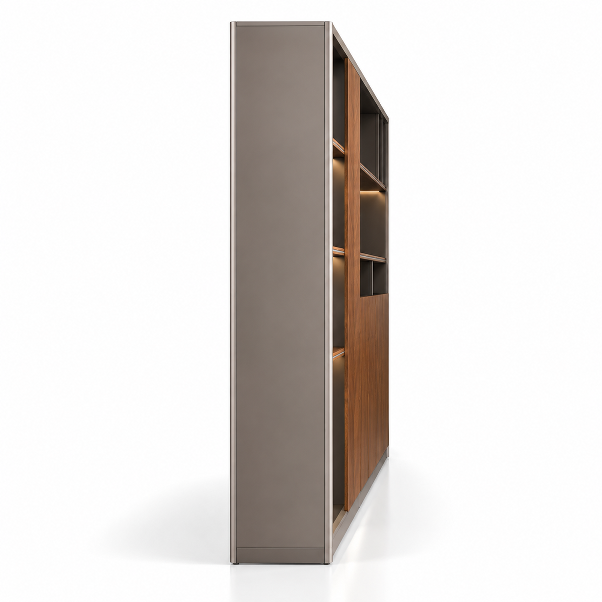 Modern Office Back Storage Unit with Chevron Accent Panel, Open Display Shelves and Closed Cabinets for Director Cabins