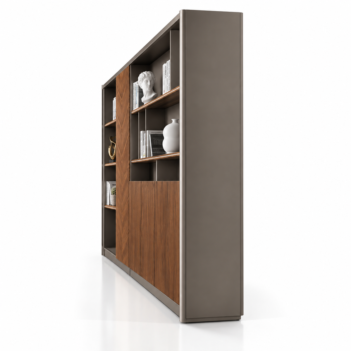 Modern Office Back Storage Unit with Chevron Accent Panel, Open Display Shelves and Closed Cabinets for Director Cabins