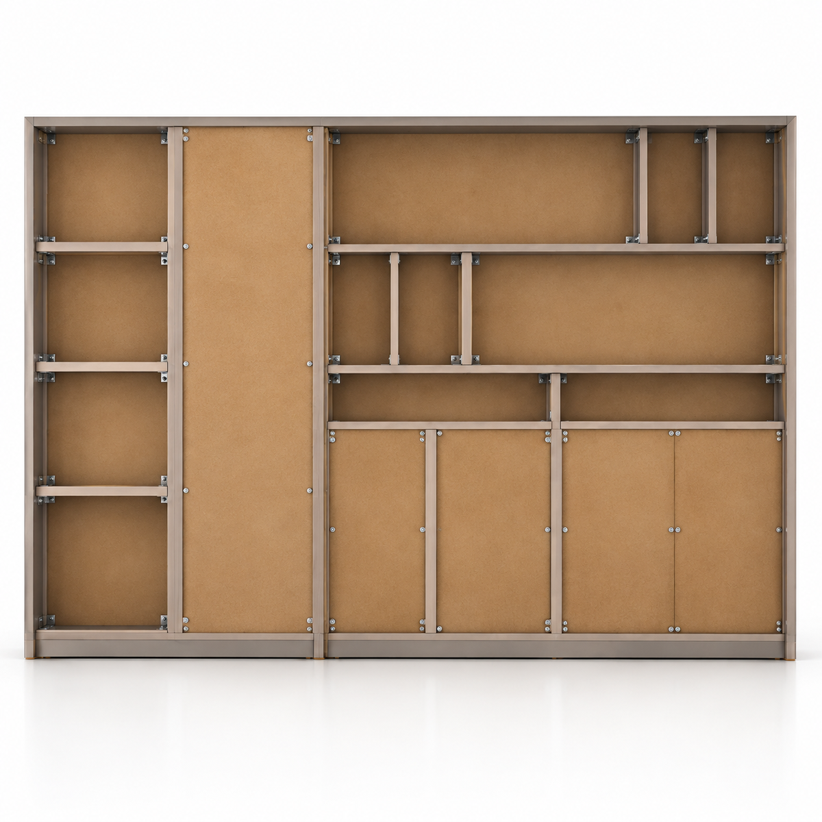 Modern Office Back Storage Unit with Chevron Accent Panel, Open Display Shelves and Closed Cabinets for Director Cabins
