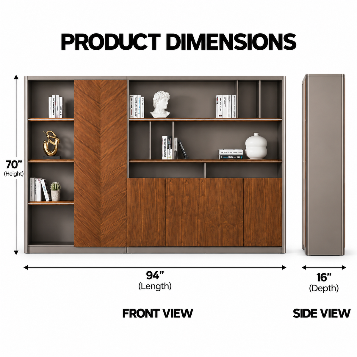 Modern Office Back Storage Unit with Chevron Accent Panel, Open Display Shelves and Closed Cabinets for Director Cabins