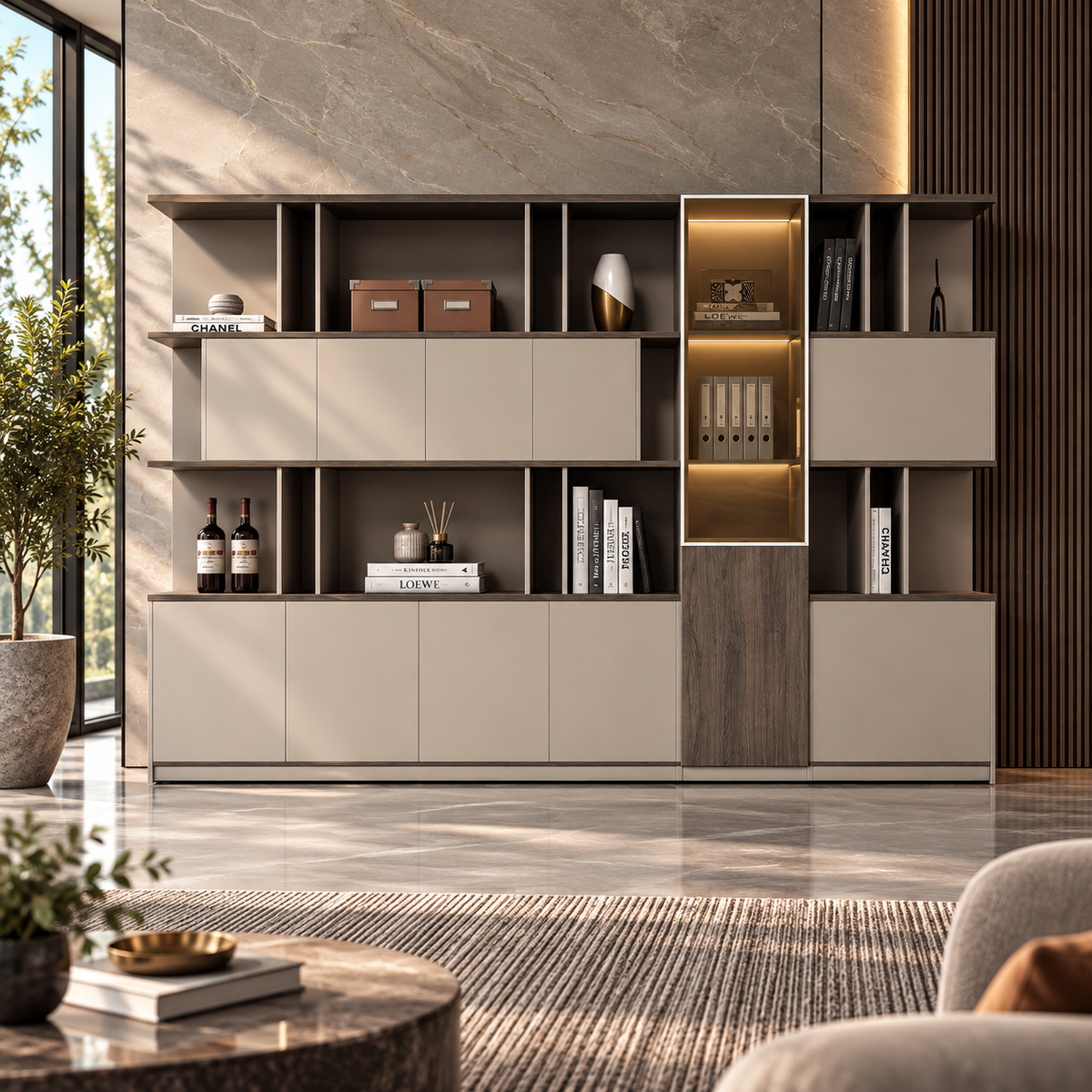 Modern Office Back Storage Unit with Open Display Shelves, Closed Cabinets and Vertical Accent Storage for Director Cabins