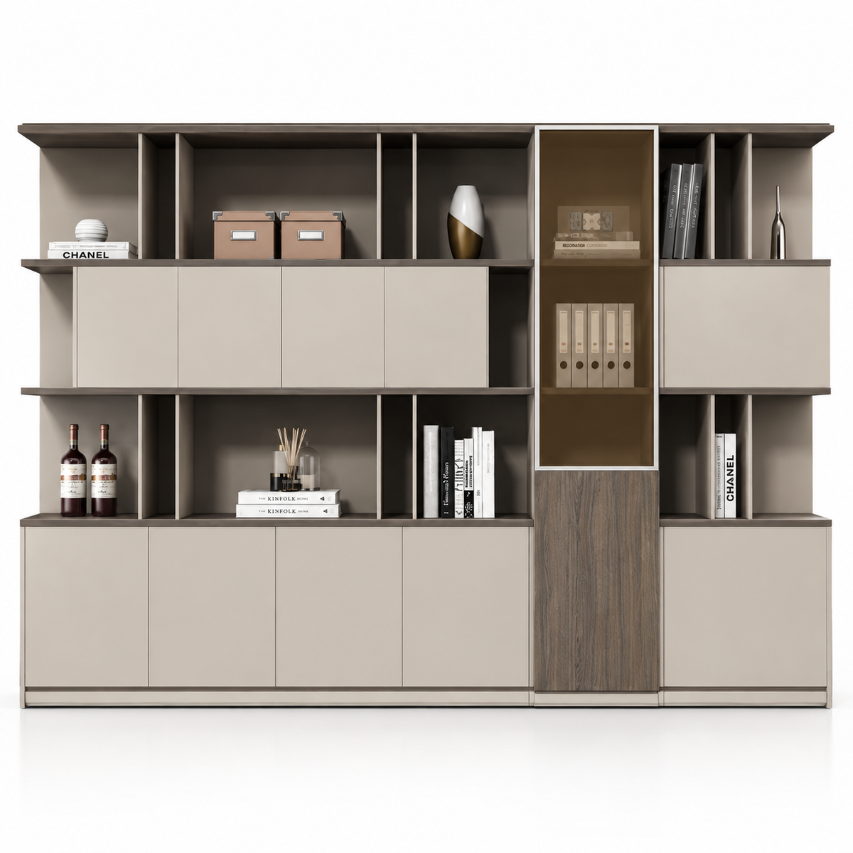 Modern Office Back Storage Unit with Open Display Shelves, Closed Cabinets and Vertical Accent Storage for Director Cabins