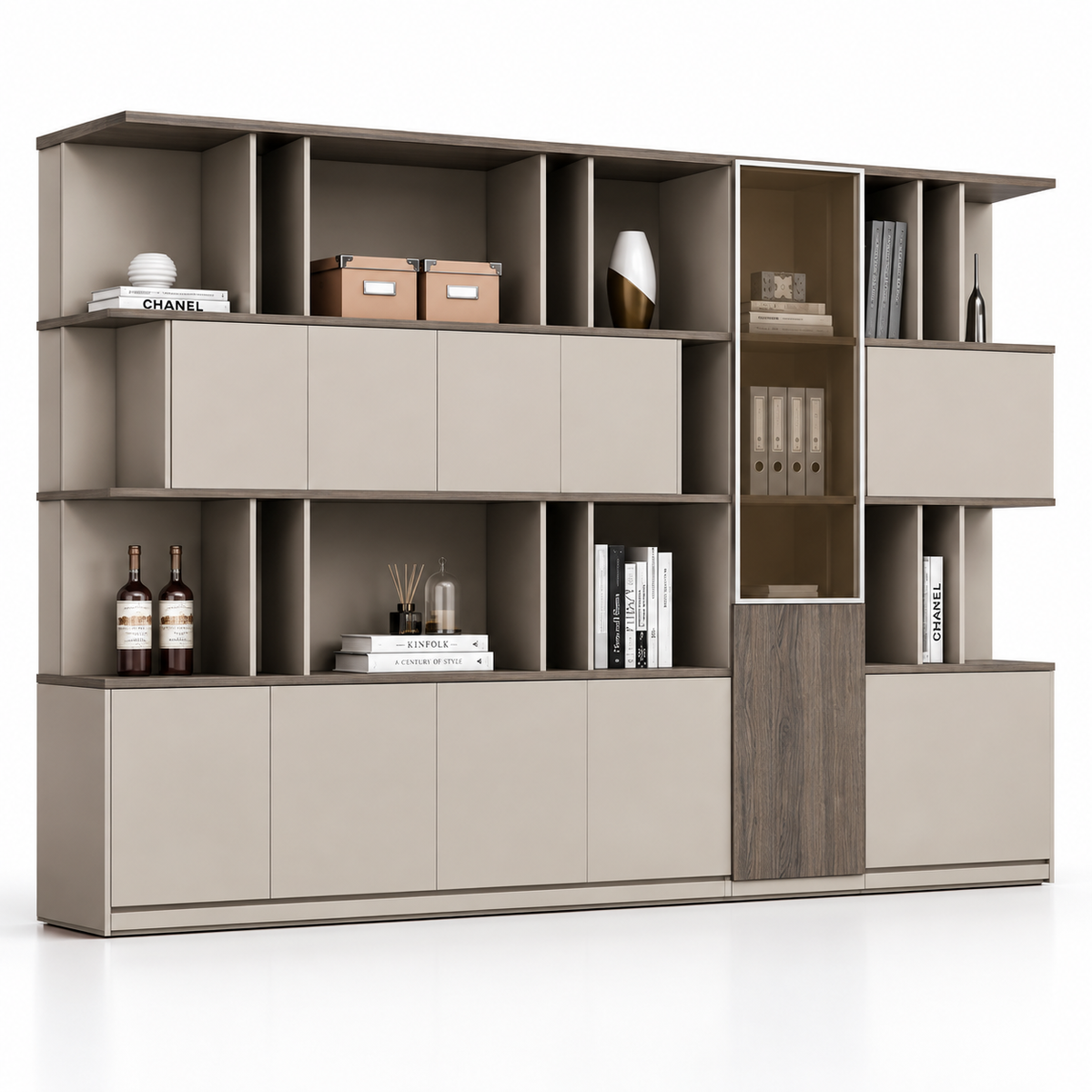 Modern Office Back Storage Unit with Open Display Shelves, Closed Cabinets and Vertical Accent Storage for Director Cabins