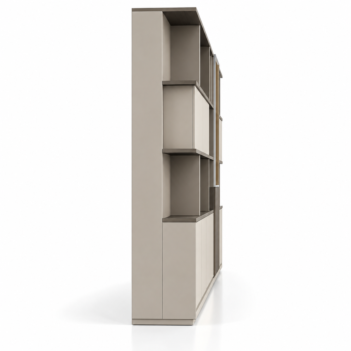 Modern Office Back Storage Unit with Open Display Shelves, Closed Cabinets and Vertical Accent Storage for Director Cabins