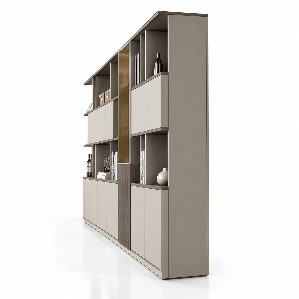 Modern Office Back Storage Unit with Open Display Shelves, Closed Cabinets and Vertical Accent Storage for Director Cabins