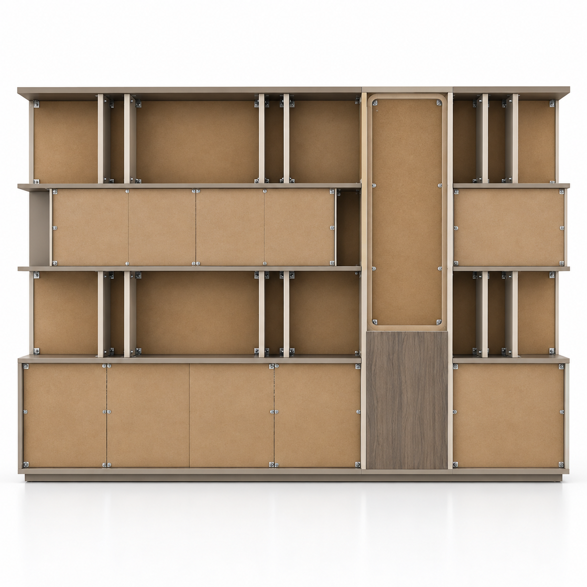 Modern Office Back Storage Unit with Open Display Shelves, Closed Cabinets and Vertical Accent Storage for Director Cabins