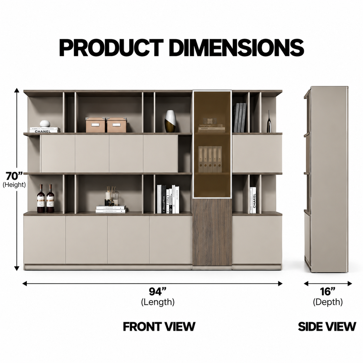 Modern Office Back Storage Unit with Open Display Shelves, Closed Cabinets and Vertical Accent Storage for Director Cabins