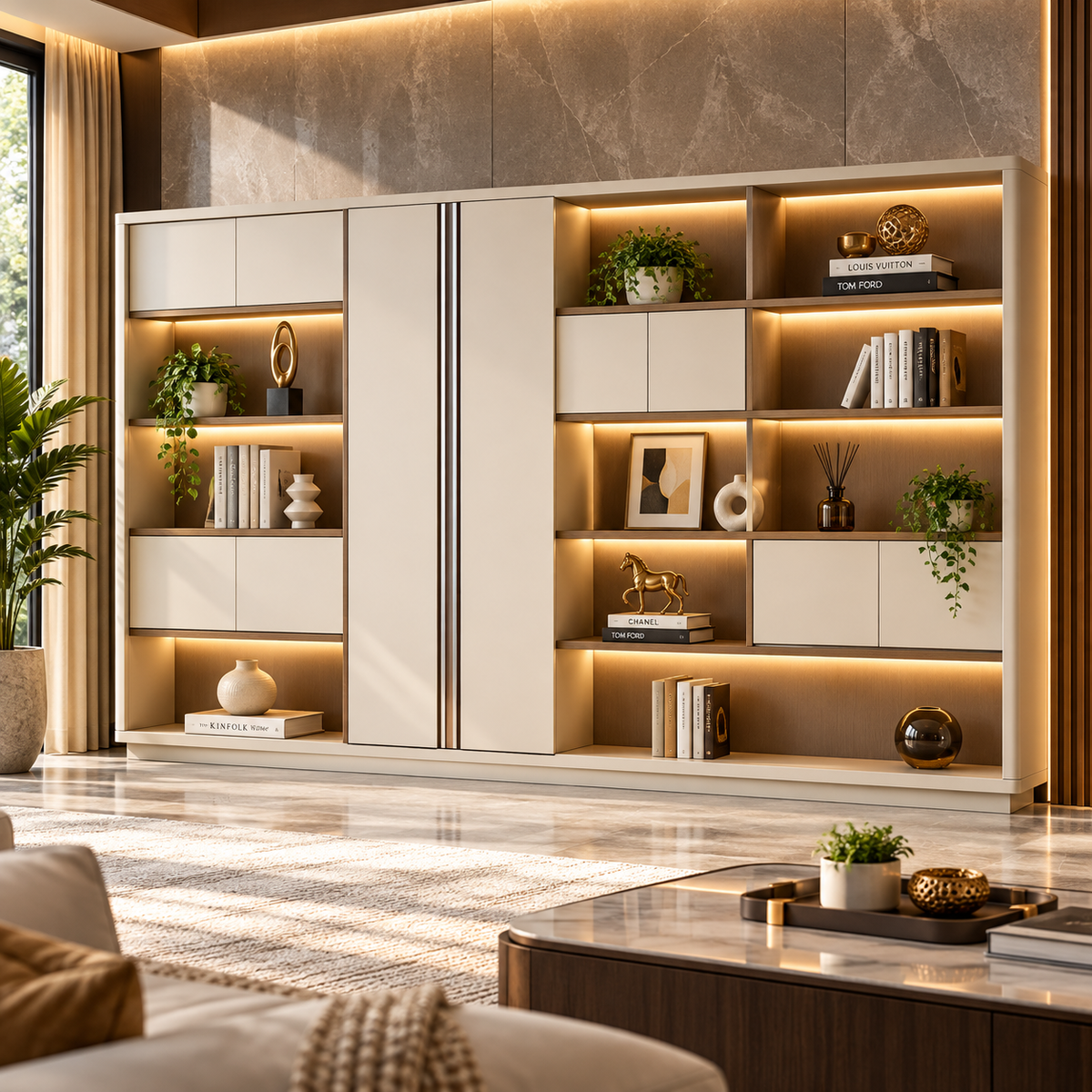 Modern Executive Office Back Cabinet with Open Display Shelves, Closed Storage, Tall Shutters and Warm LED Lighting