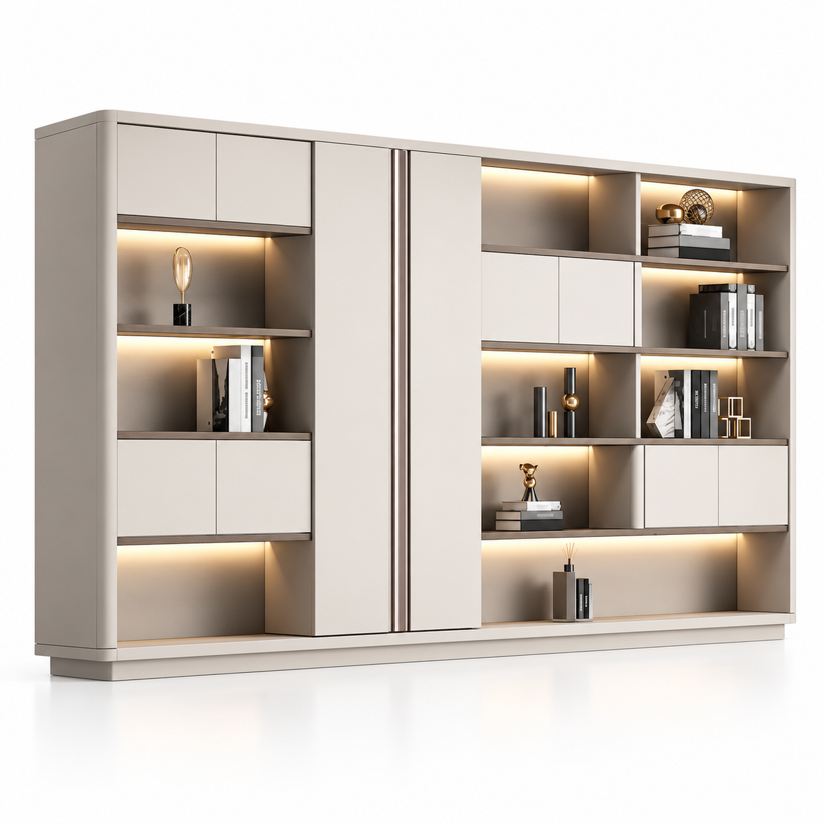 Modern Executive Office Back Cabinet with Open Display Shelves, Closed Storage, Tall Shutters and Warm LED Lighting