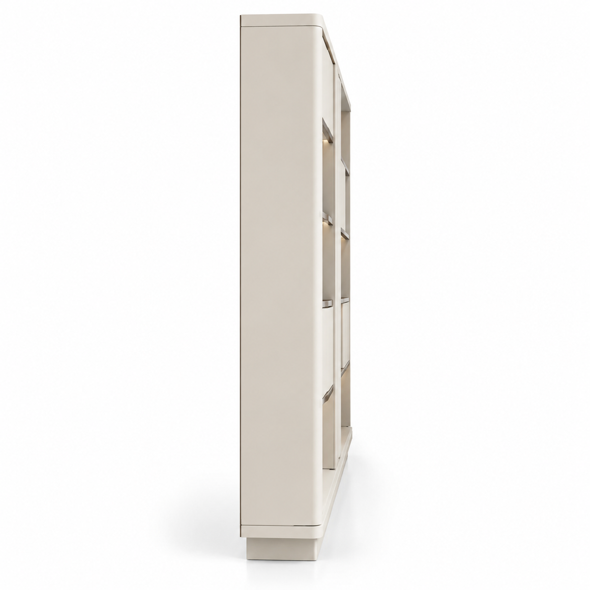Modern Executive Office Back Cabinet with Open Display Shelves, Closed Storage, Tall Shutters and Warm LED Lighting