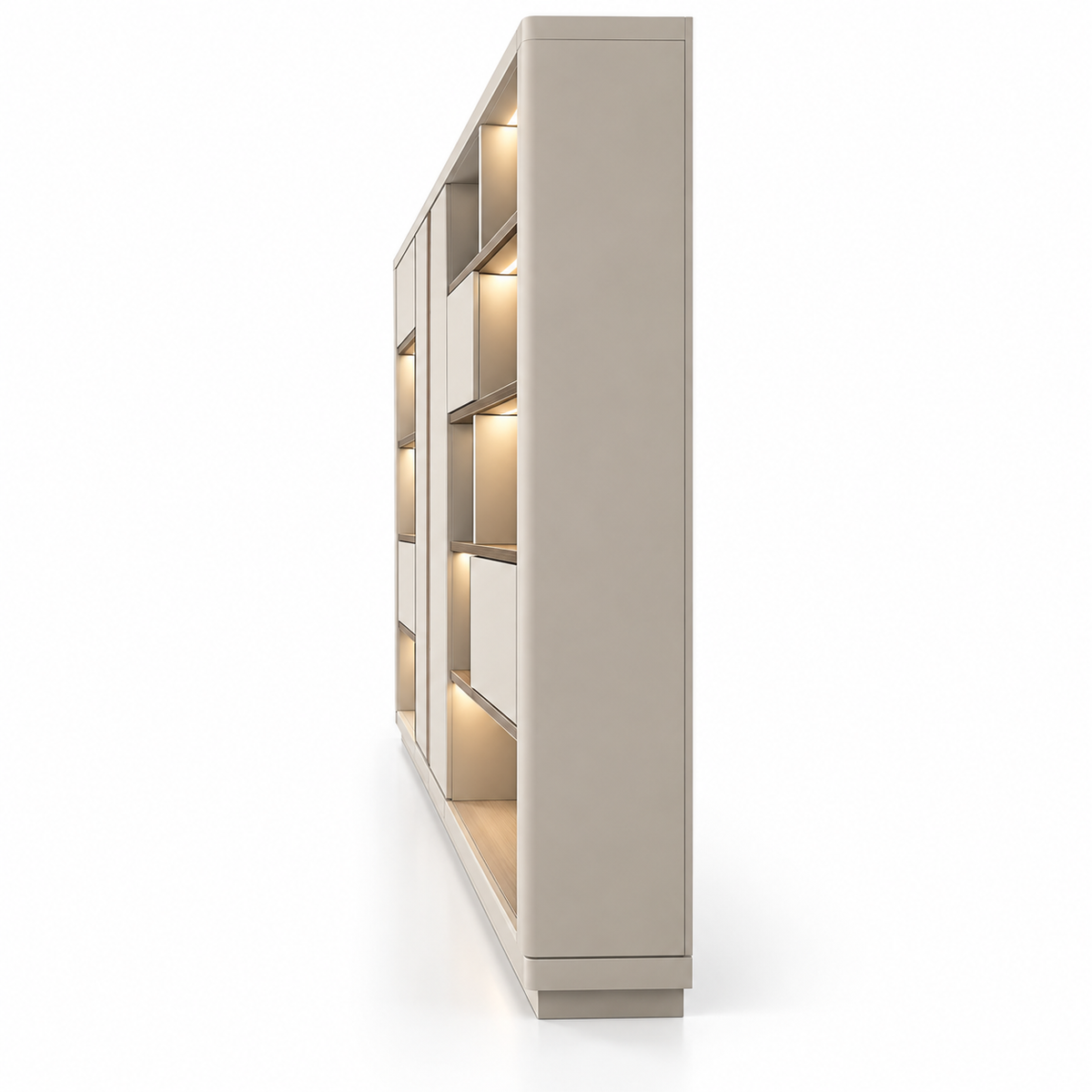 Modern Executive Office Back Cabinet with Open Display Shelves, Closed Storage, Tall Shutters and Warm LED Lighting
