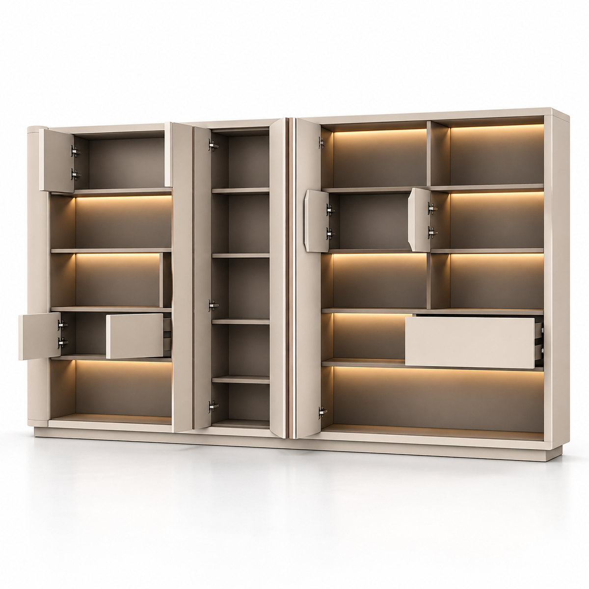 Modern Executive Office Back Cabinet with Open Display Shelves, Closed Storage, Tall Shutters and Warm LED Lighting