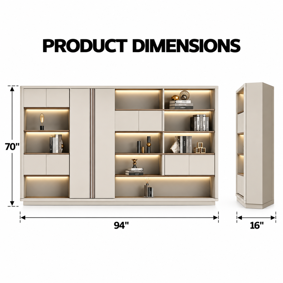 Modern Executive Office Back Cabinet with Open Display Shelves, Closed Storage, Tall Shutters and Warm LED Lighting