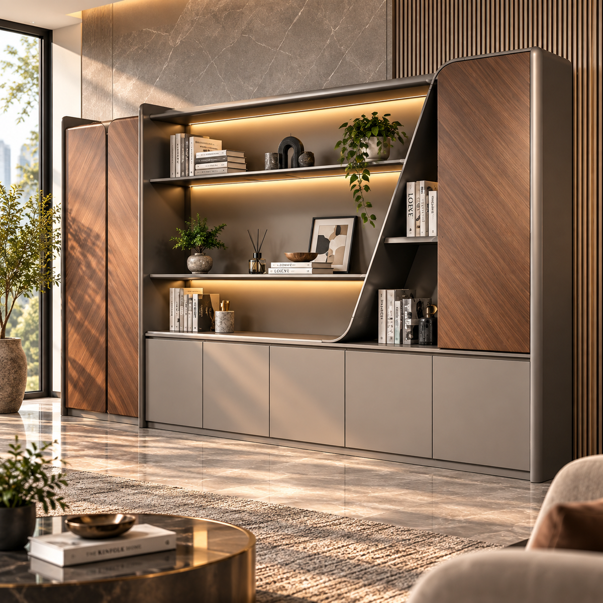 Modern Office Back Storage Unit with Curved Open Shelves, Tall Side Cabinets and Closed Base Storage for Director Cabins
