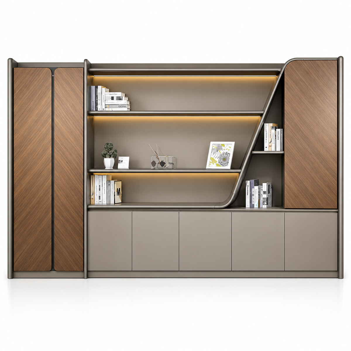 Modern Office Back Storage Unit with Curved Open Shelves, Tall Side Cabinets and Closed Base Storage for Director Cabins