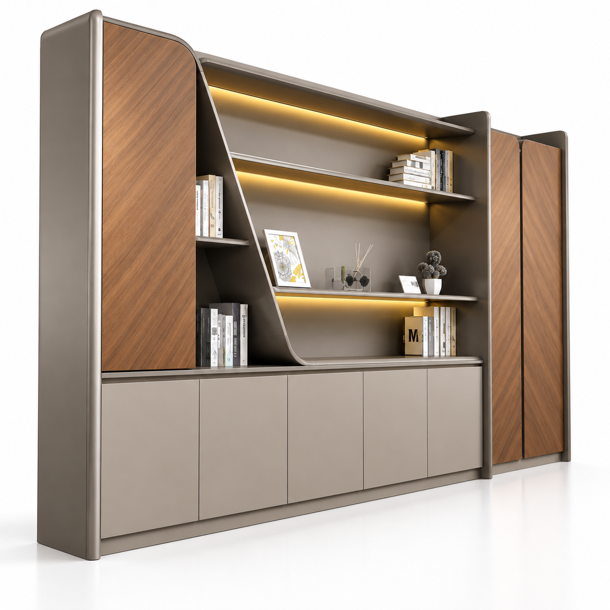 Modern Office Back Storage Unit with Curved Open Shelves, Tall Side Cabinets and Closed Base Storage for Director Cabins