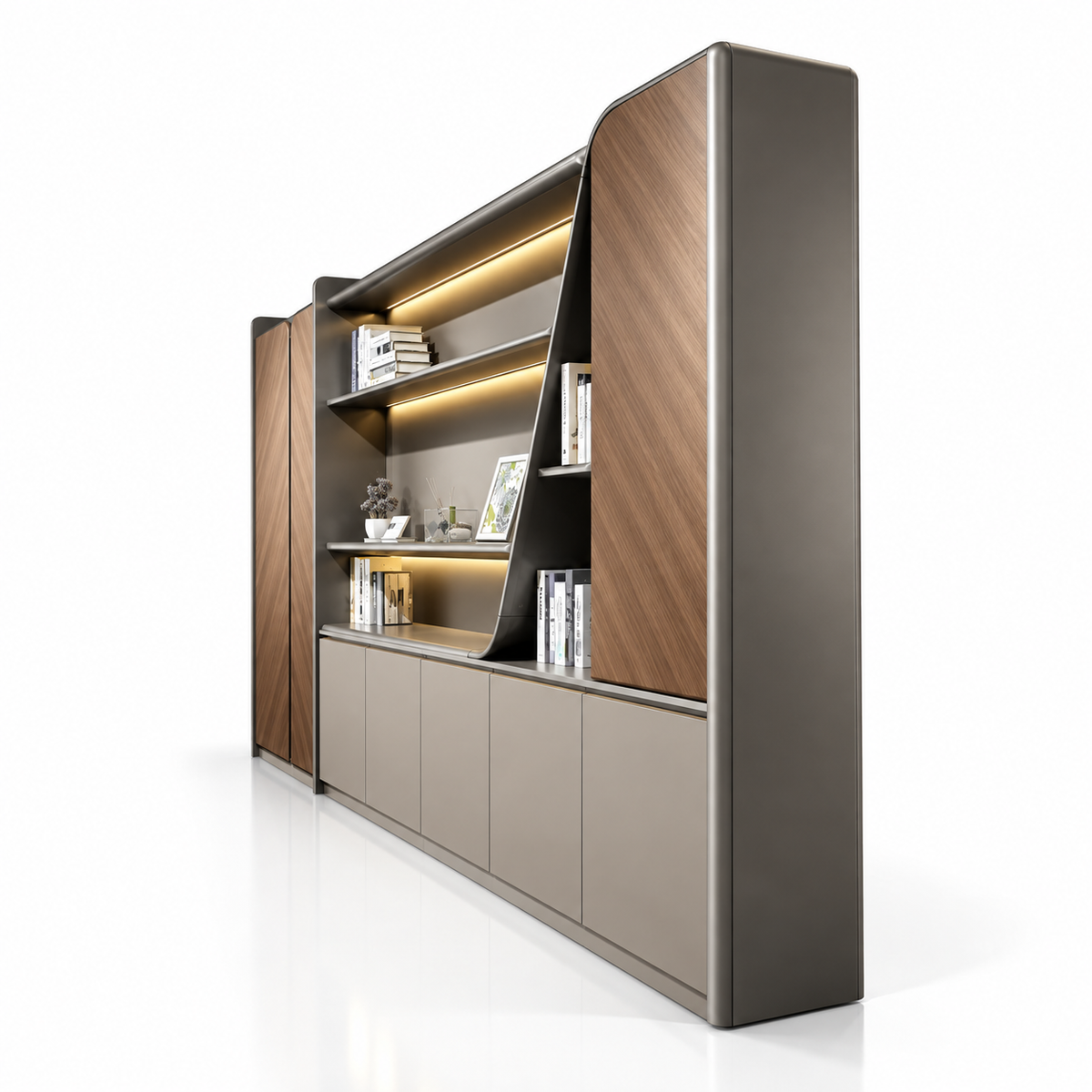 Modern Office Back Storage Unit with Curved Open Shelves, Tall Side Cabinets and Closed Base Storage for Director Cabins