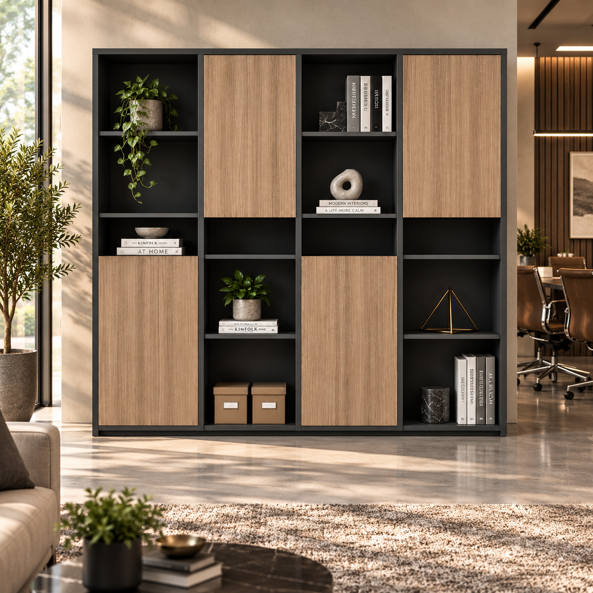 Modern Office Storage Cabinet with 4 Doors, Open Shelves|Bookshelf, Display Rack and Spacious Organizer for Executive Office, Home and Workspace