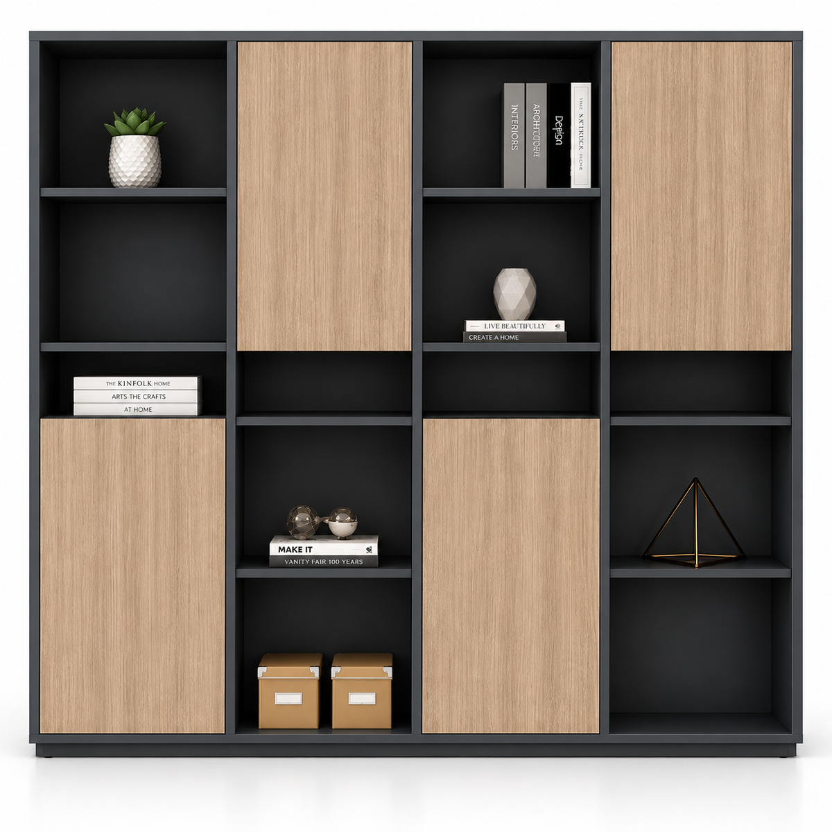 Modern Office Storage Cabinet with 4 Doors, Open Shelves|Bookshelf, Display Rack and Spacious Organizer for Executive Office, Home and Workspace