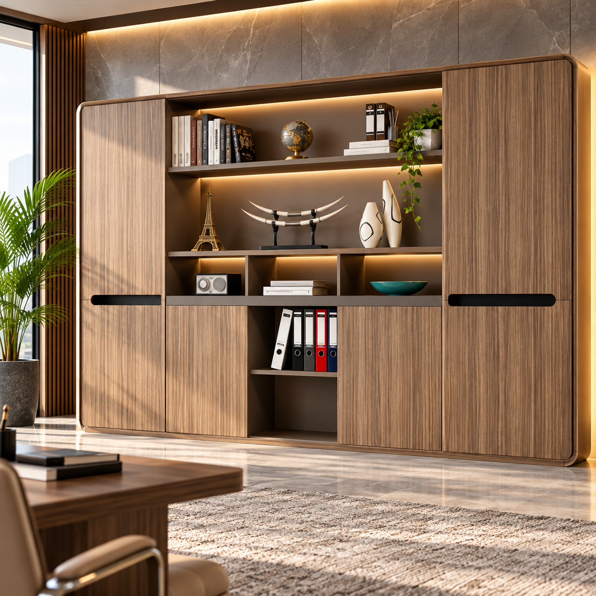 Modern Executive Office Back Cabinet with Open Display Shelves, Closed Storage, Wood Finish and Rounded Edge Design for Workspace