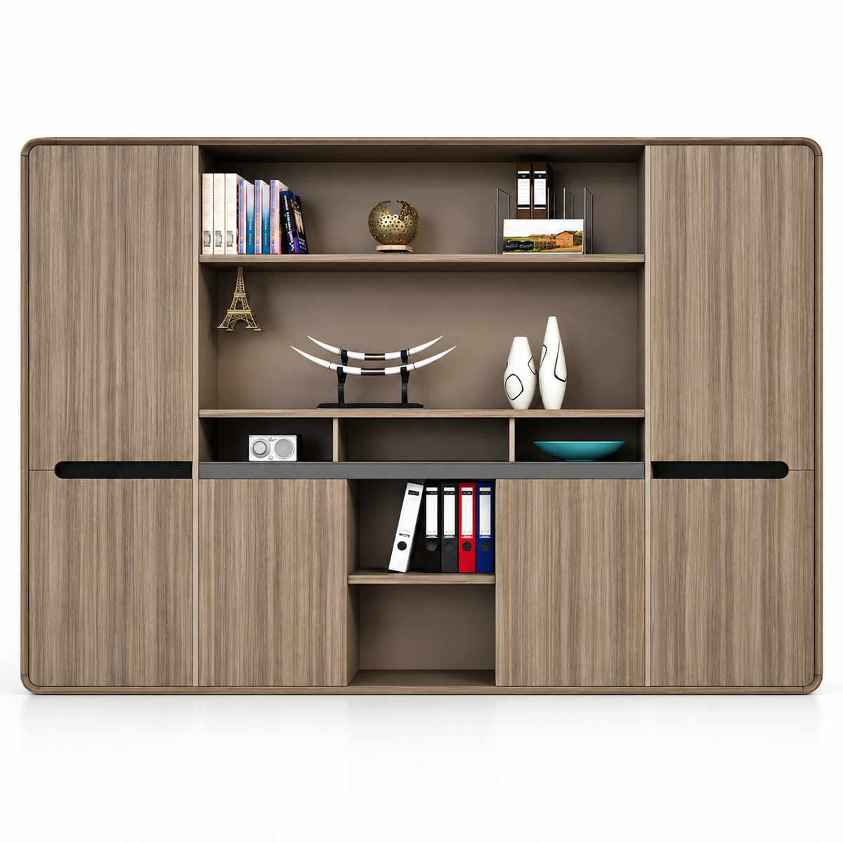 Modern Executive Office Back Cabinet with Open Display Shelves, Closed Storage, Wood Finish and Rounded Edge Design for Workspace