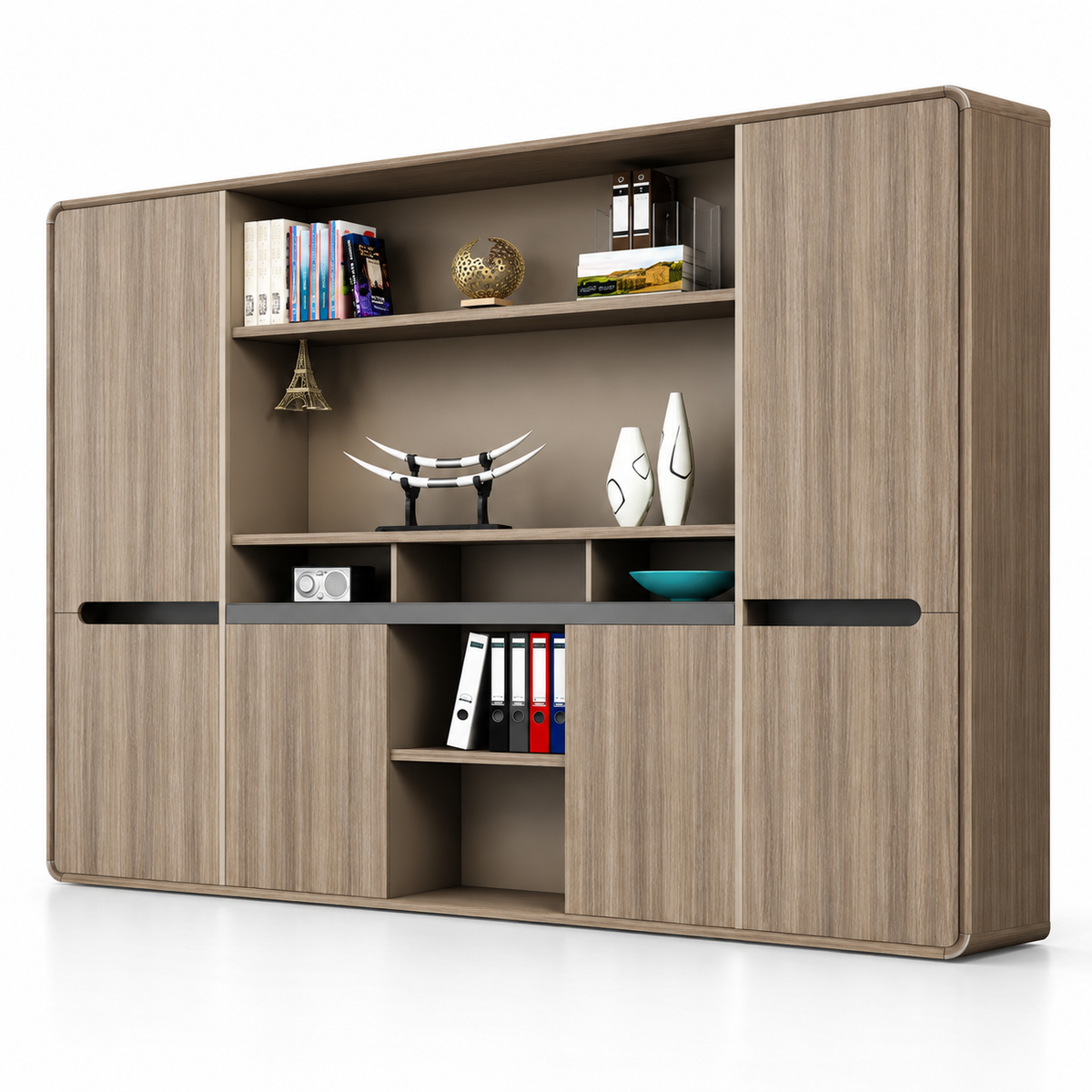 Modern Executive Office Back Cabinet with Open Display Shelves, Closed Storage, Wood Finish and Rounded Edge Design for Workspace
