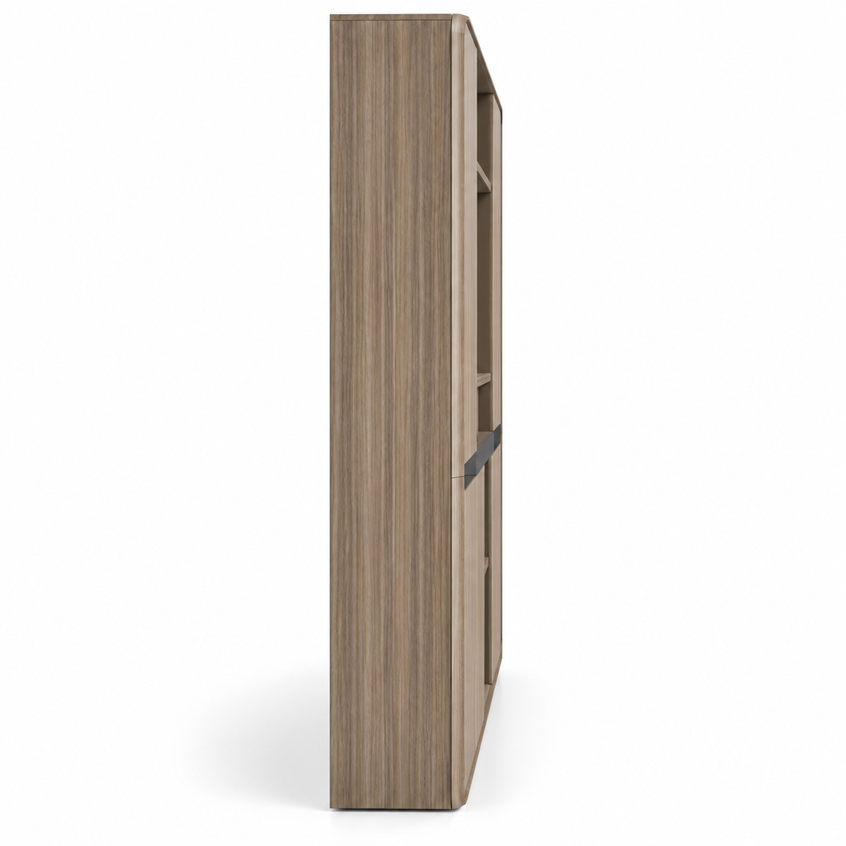Modern Executive Office Back Cabinet with Open Display Shelves, Closed Storage, Wood Finish and Rounded Edge Design for Workspace