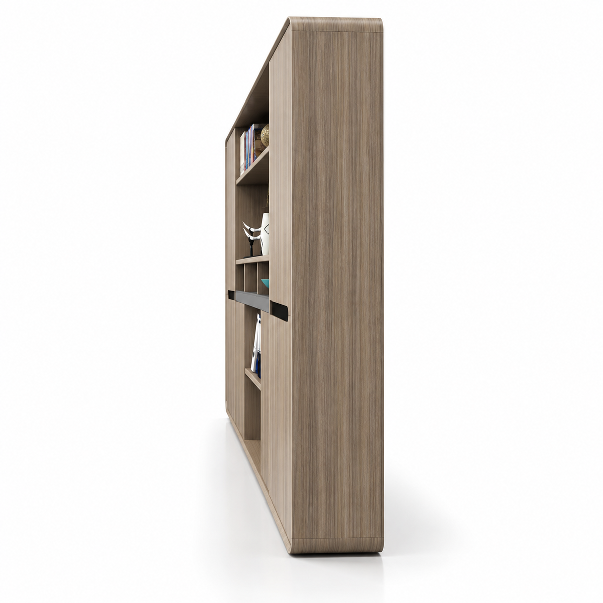Modern Executive Office Back Cabinet with Open Display Shelves, Closed Storage, Wood Finish and Rounded Edge Design for Workspace