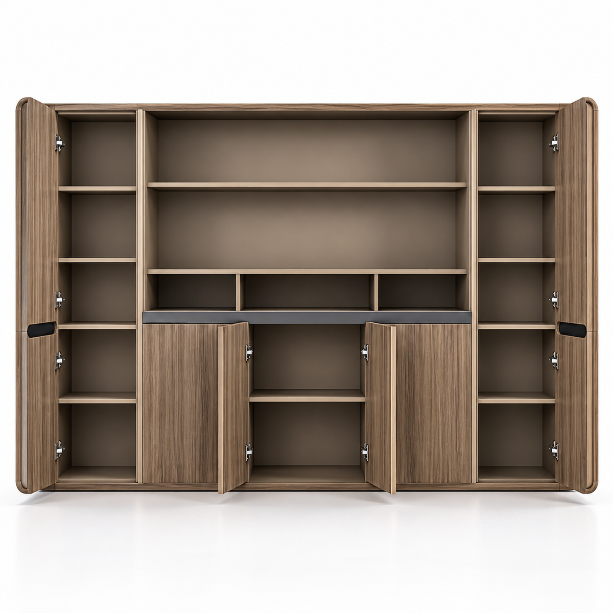 Modern Executive Office Back Cabinet with Open Display Shelves, Closed Storage, Wood Finish and Rounded Edge Design for Workspace