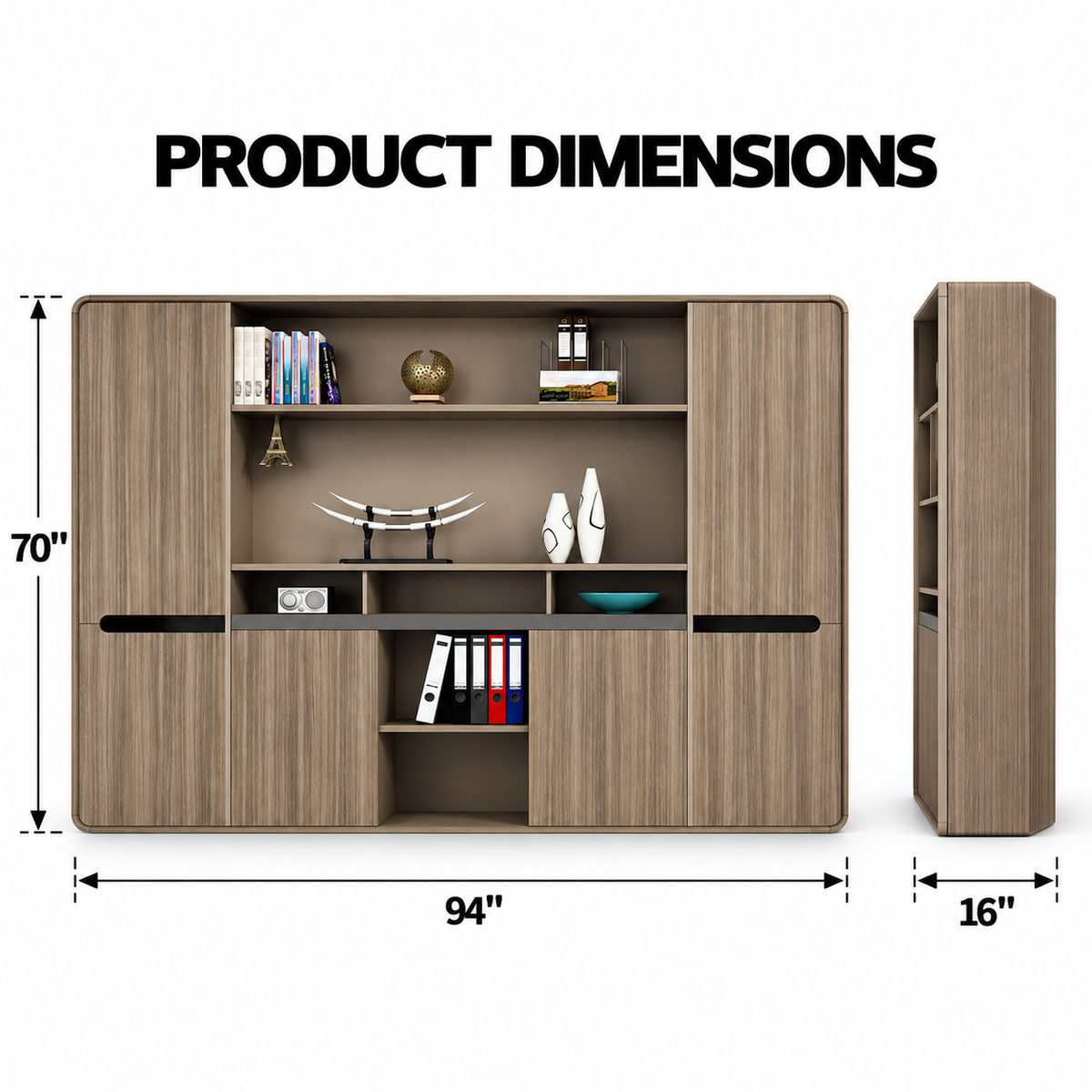 Modern Executive Office Back Cabinet with Open Display Shelves, Closed Storage, Wood Finish and Rounded Edge Design for Workspace