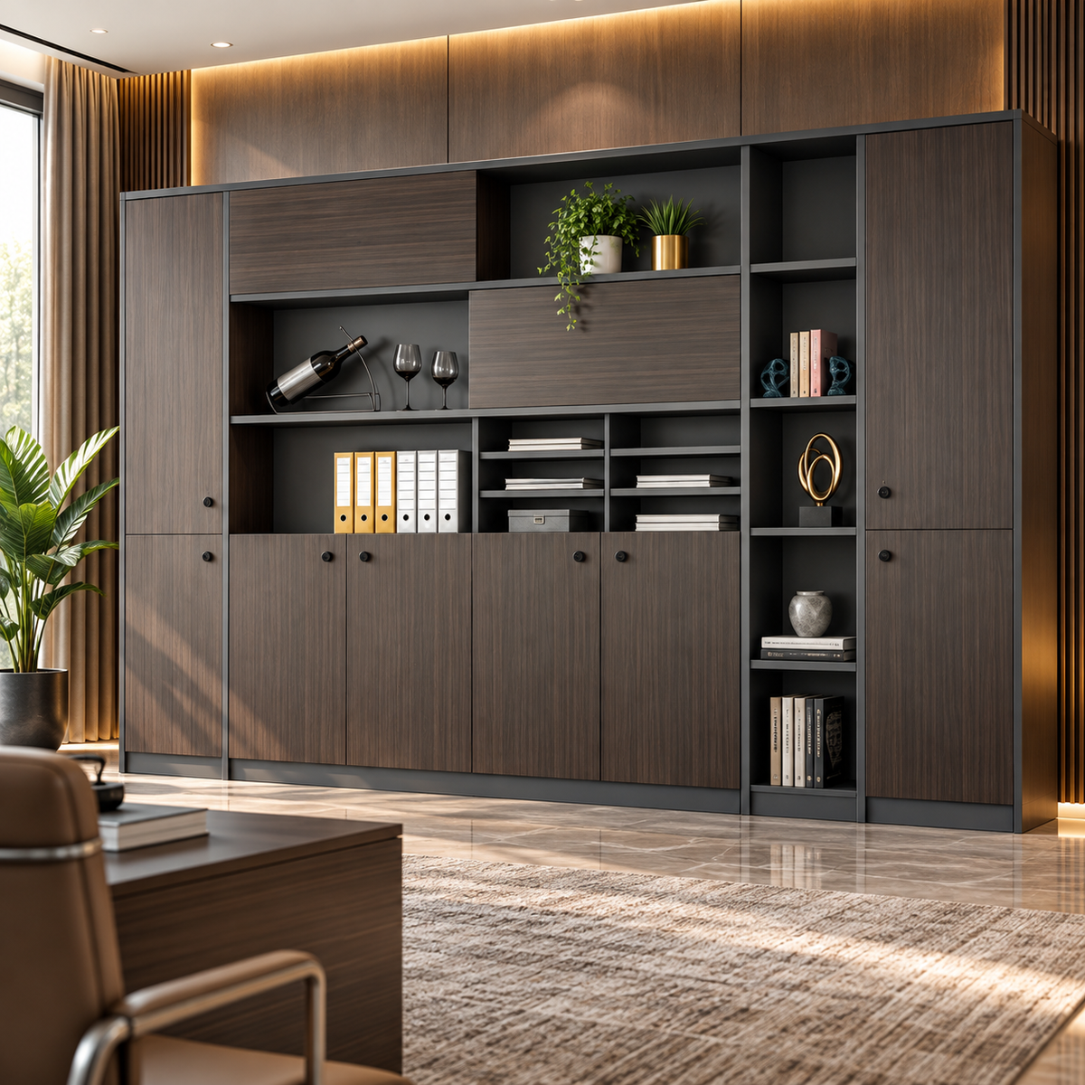 Modern Executive Office Back Cabinet with Open Display Shelves, Closed Storage, File Organizer and Dark Wood Finish for Workspace