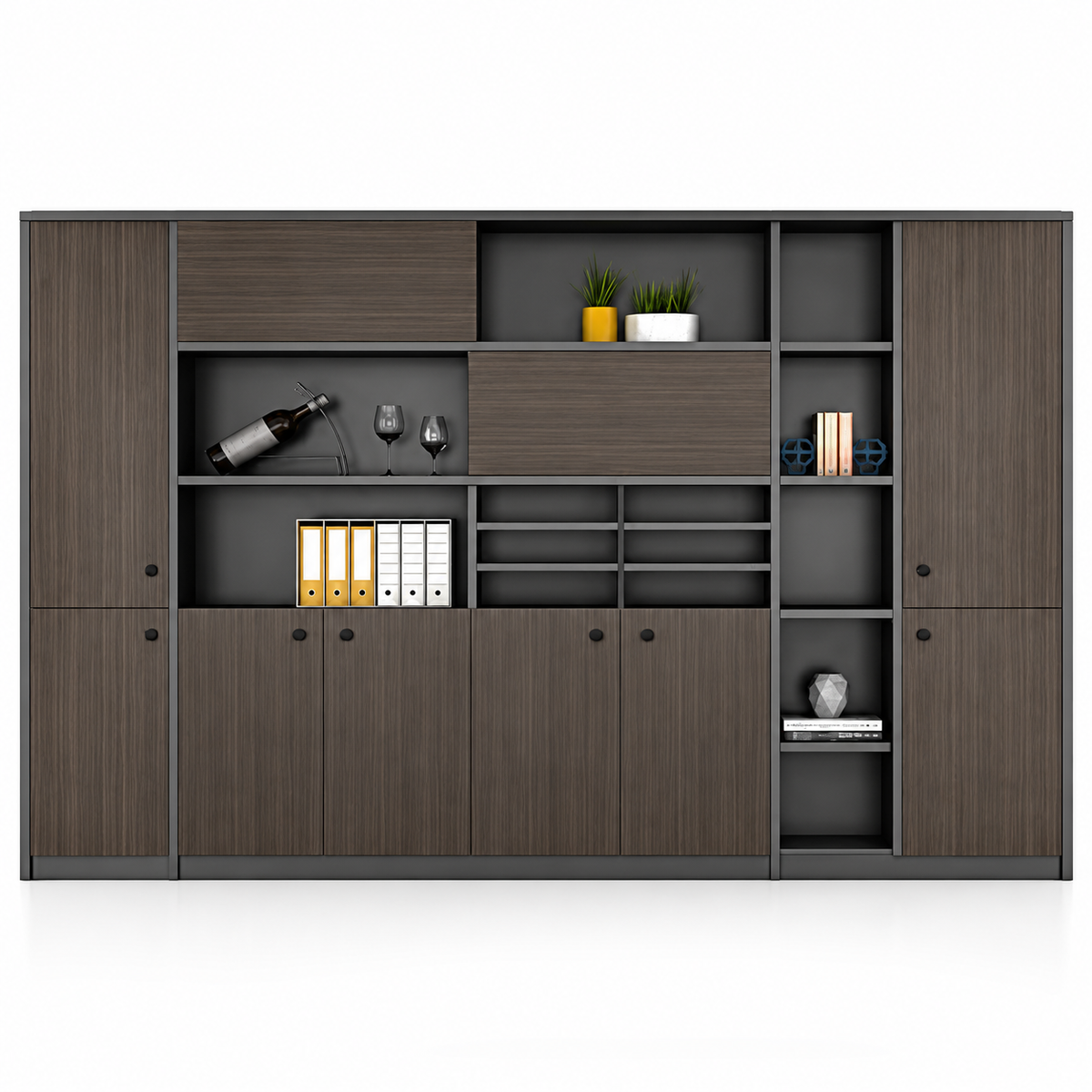 Modern Executive Office Back Cabinet with Open Display Shelves, Closed Storage, File Organizer and Dark Wood Finish for Workspace