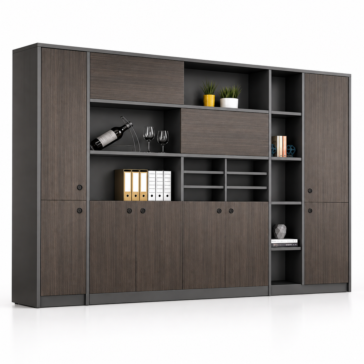 Modern Executive Office Back Cabinet with Open Display Shelves, Closed Storage, File Organizer and Dark Wood Finish for Workspace