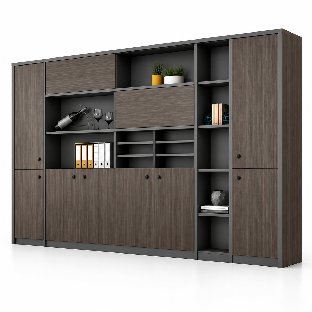 Modern Executive Office Back Cabinet with Open Display Shelves, Closed Storage, File Organizer and Dark Wood Finish for Workspace