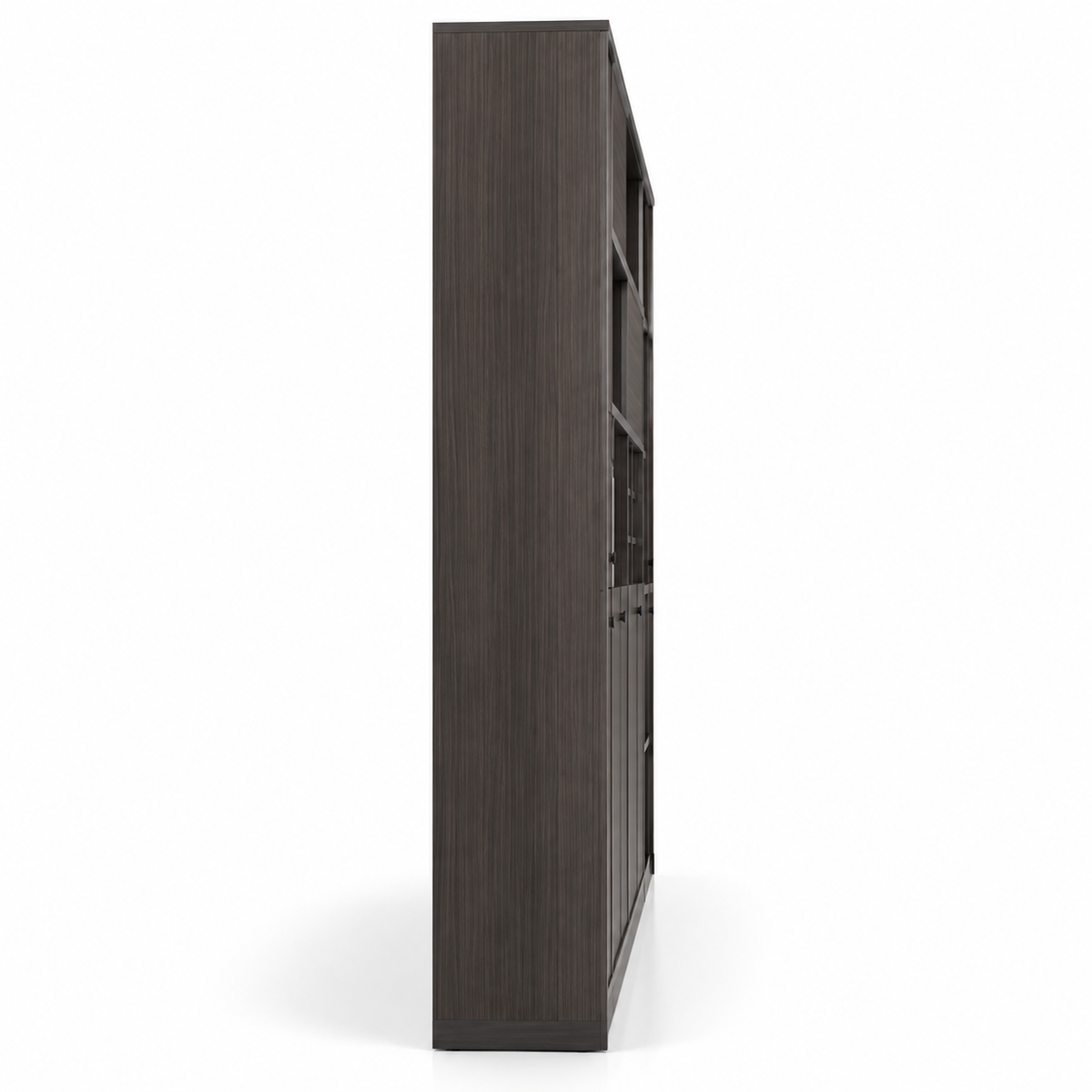 Modern Executive Office Back Cabinet with Open Display Shelves, Closed Storage, File Organizer and Dark Wood Finish for Workspace