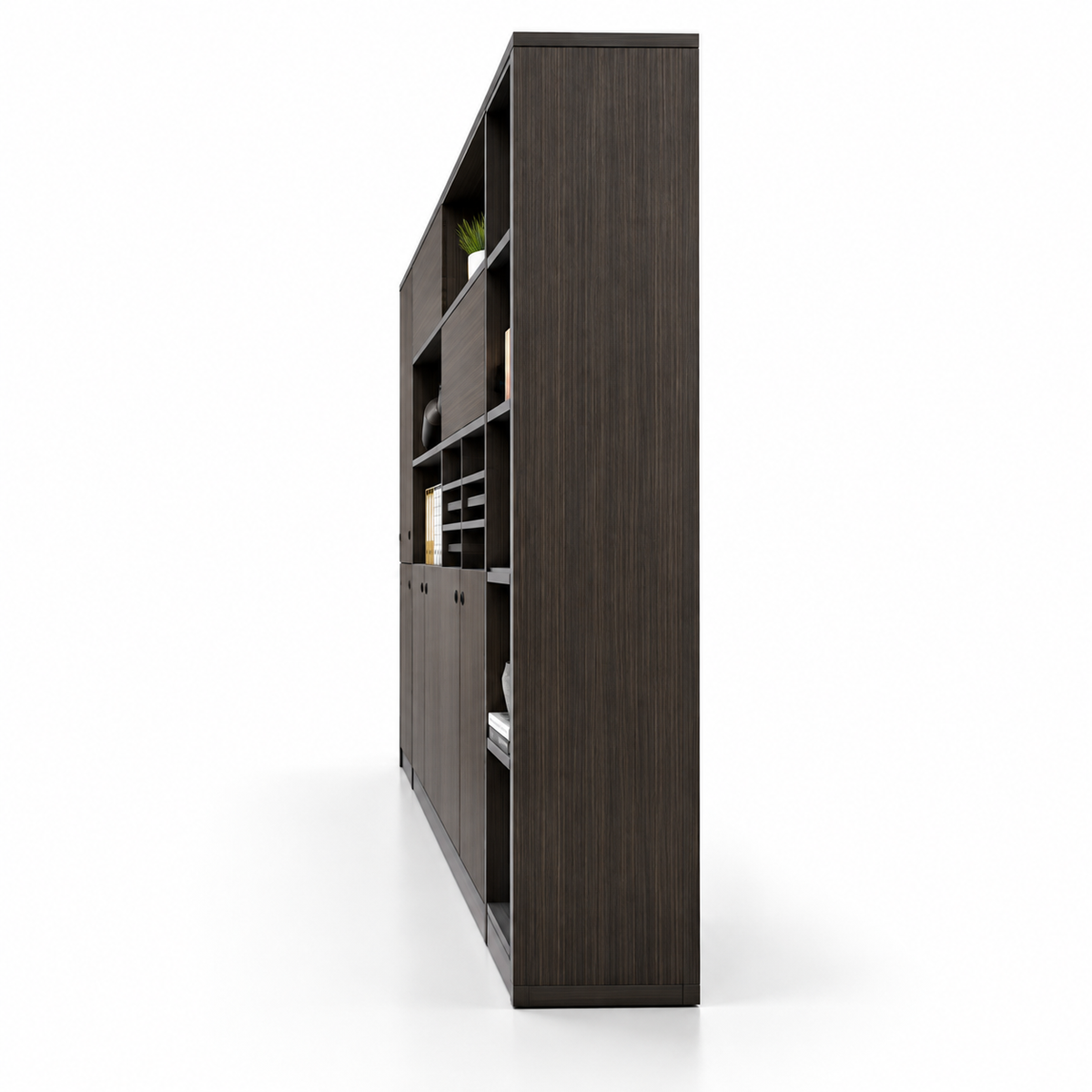 Modern Executive Office Back Cabinet with Open Display Shelves, Closed Storage, File Organizer and Dark Wood Finish for Workspace