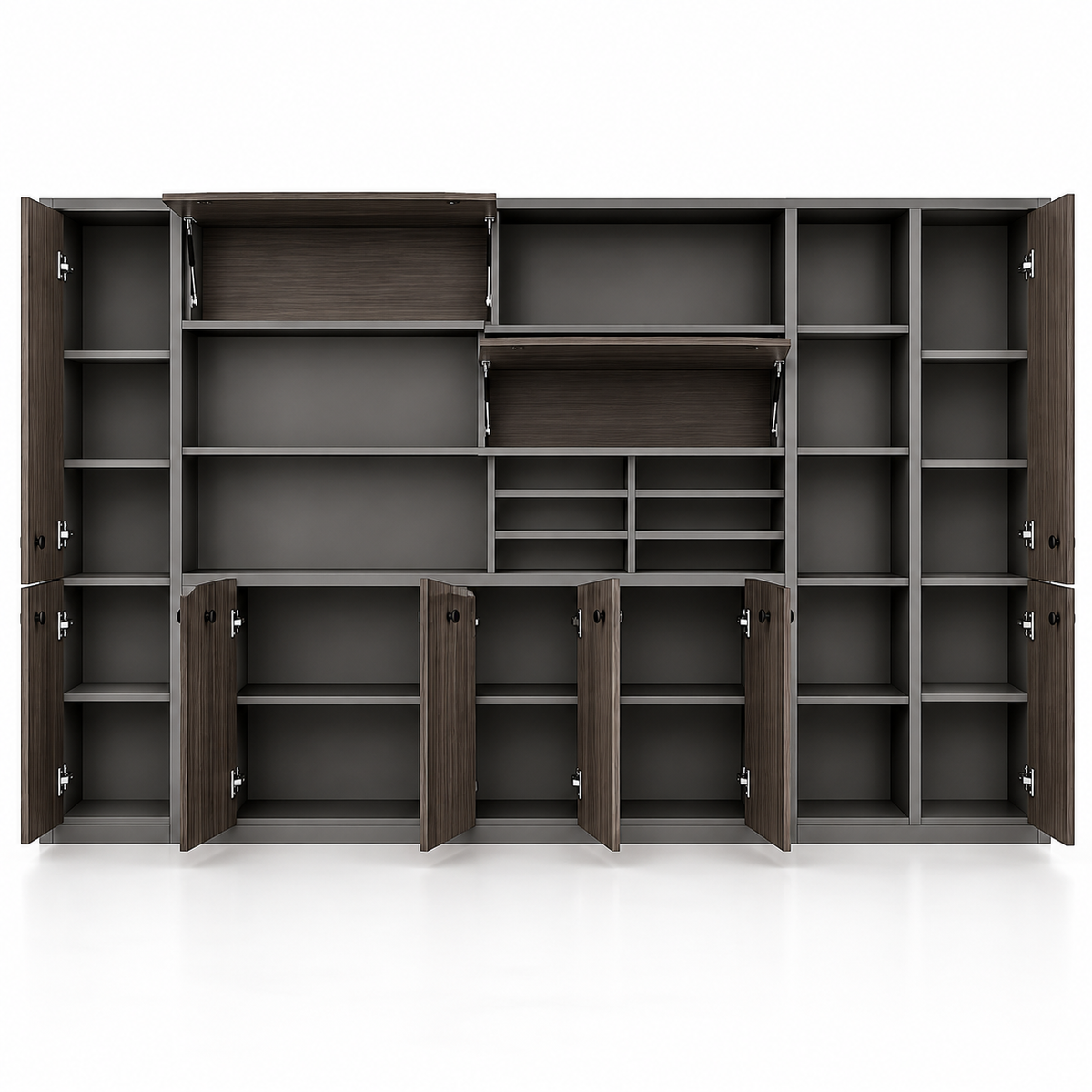 Modern Executive Office Back Cabinet with Open Display Shelves, Closed Storage, File Organizer and Dark Wood Finish for Workspace