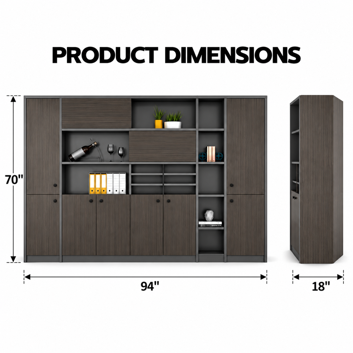 Modern Executive Office Back Cabinet with Open Display Shelves, Closed Storage, File Organizer and Dark Wood Finish for Workspace