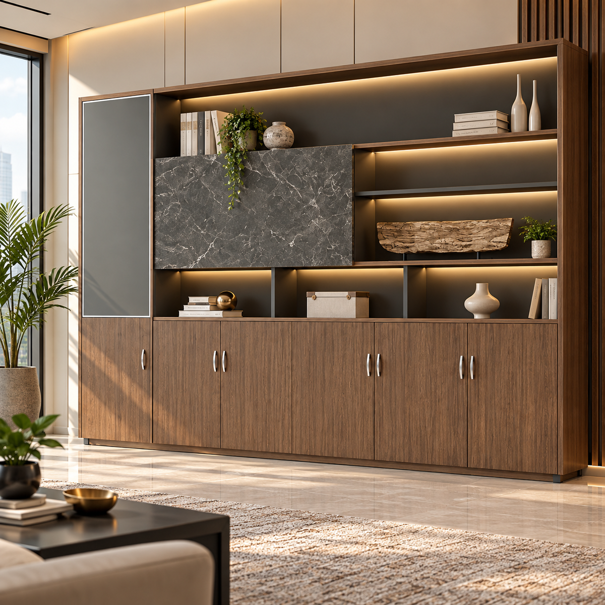 Modern Executive Office Back Cabinet with Open Display Shelves, Closed Storage, Marble Accent and Wood Finish for Workspace